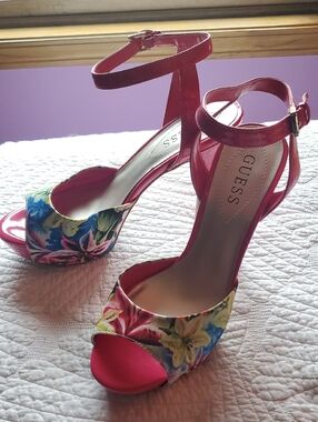 GUESS Pink Floral Open-Toe Ankle-Strap Heels